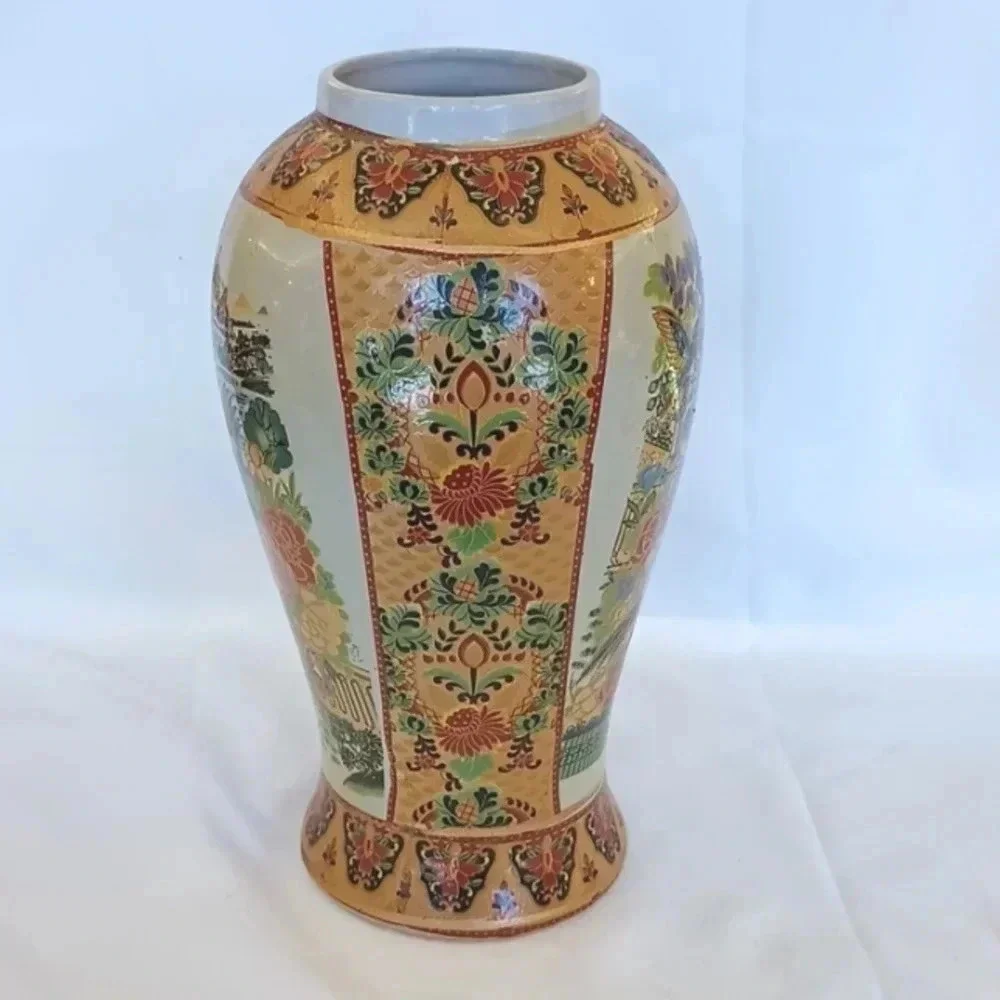 Vintage Hand-painted Asian Oriental Vase with Birds Flowers and Gold Accents